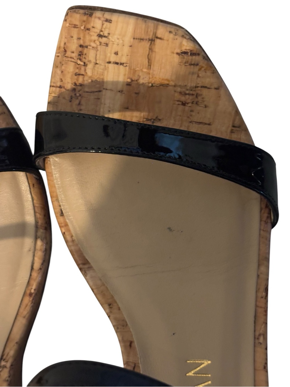 Stuart Weitzman Black Patent Double-Strap Cork Wedge Sandals Women’s Size 8 - Picture 6 of 8